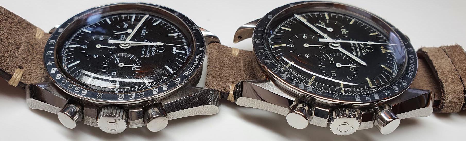 Gehäusezustand einer Speedmaster vor und nach der Aufarbeitung